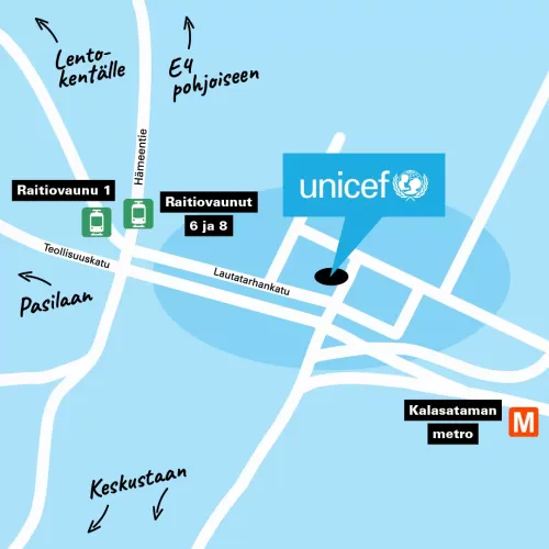 Kartta, joka esittää Suomen UNICEFin toimiston sijainnin. 